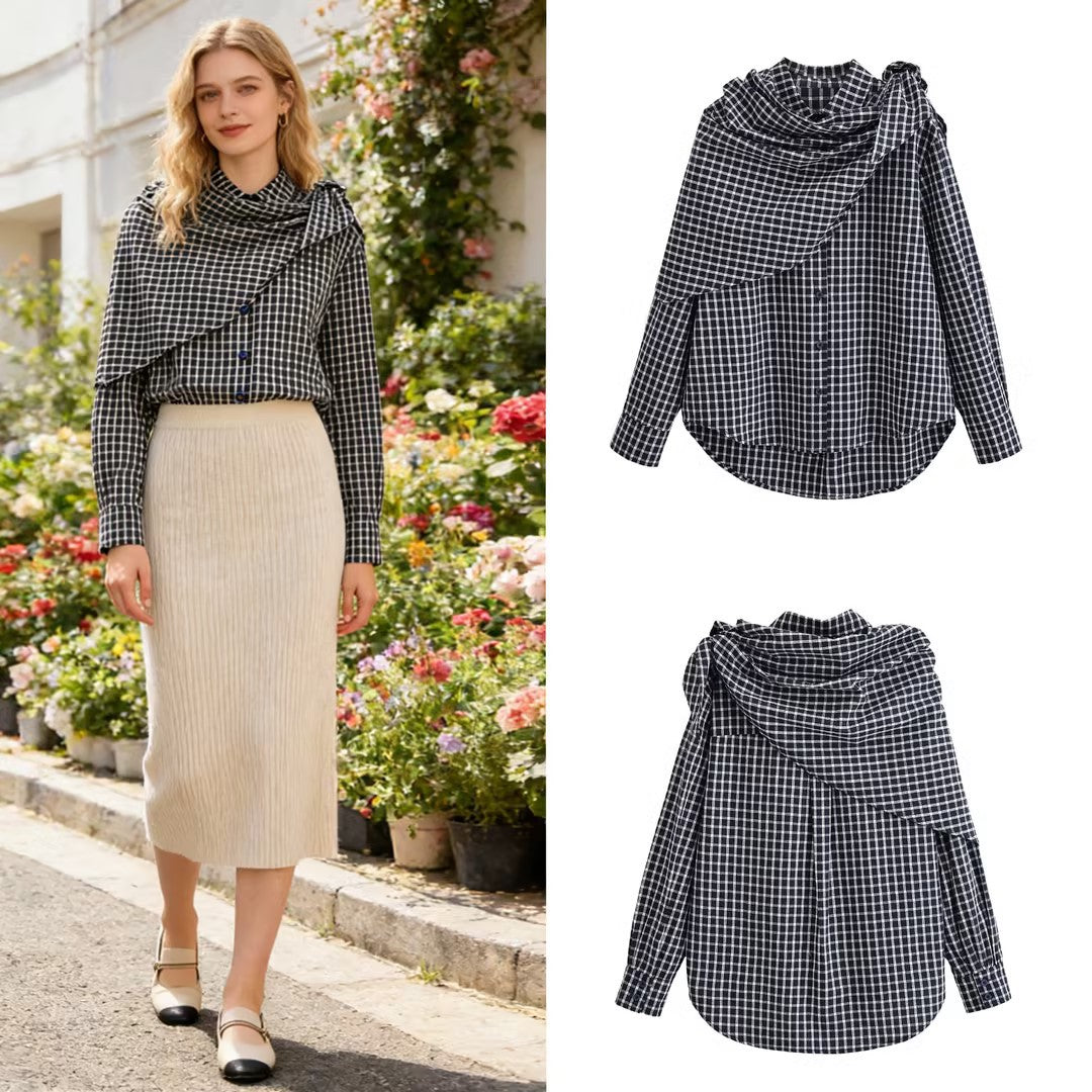 Women Asymmetrical Check Blouse with Integrated Scarf and Button Placket Chichicherry