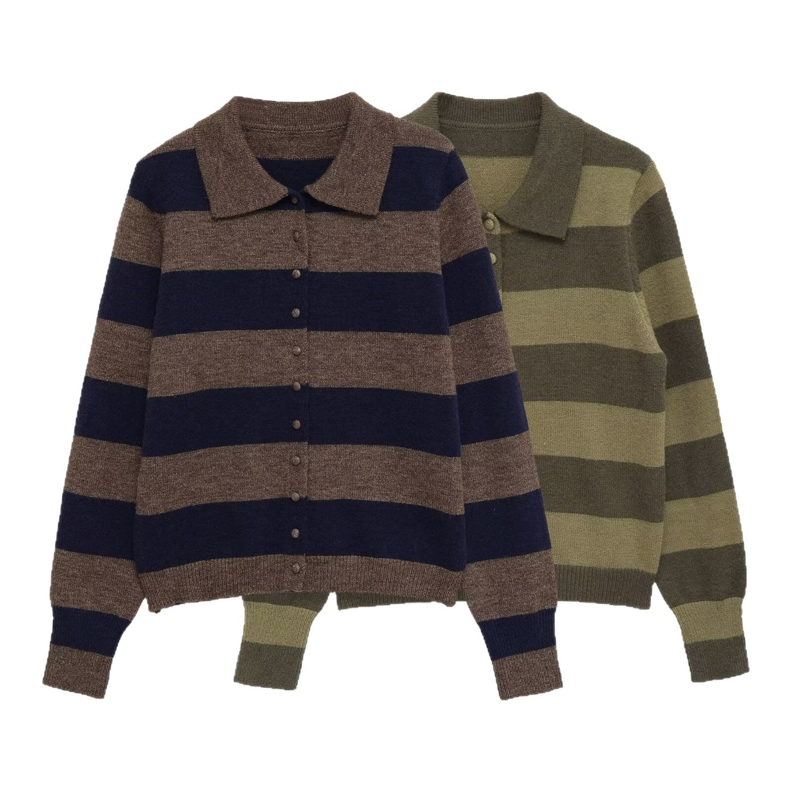 Women's Striped Cardigan with Polo Collar and Button Placket Chichicherry