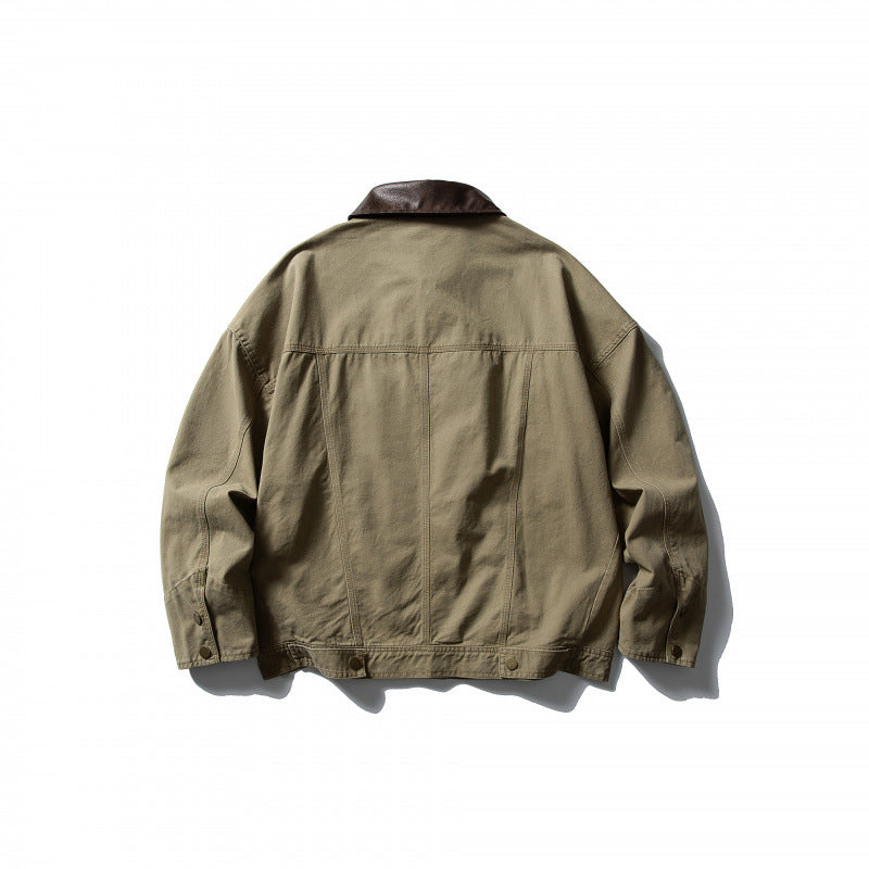 Men's Boxy Canvas Jacket with Leather Collar and Overshirt Silhouette Chichicherry
