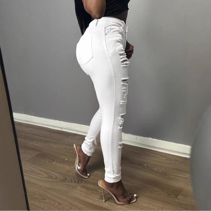 Women's High-Waisted Skinny Jeans with Asymmetrical Destruction Look and Shaping Waistband Chichicherry