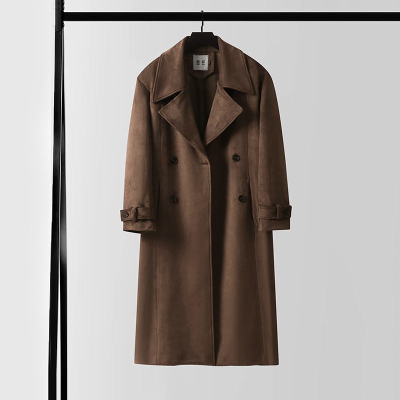 Men's Maxi Length Trench Coat in Suede Look with Double Breasted and Waist Belt Chichicherry