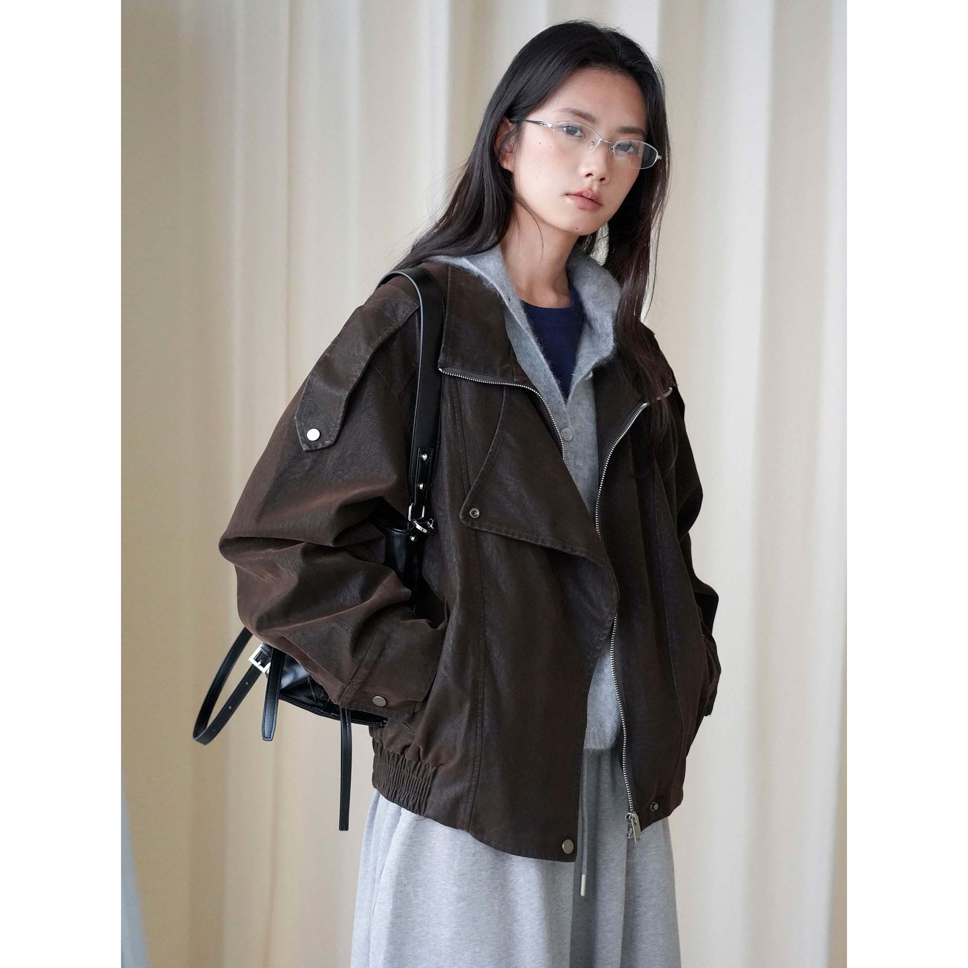 Women's Oversized Leather Jacket with High Collar and Asymmetrical Snap Placket Chichicherry