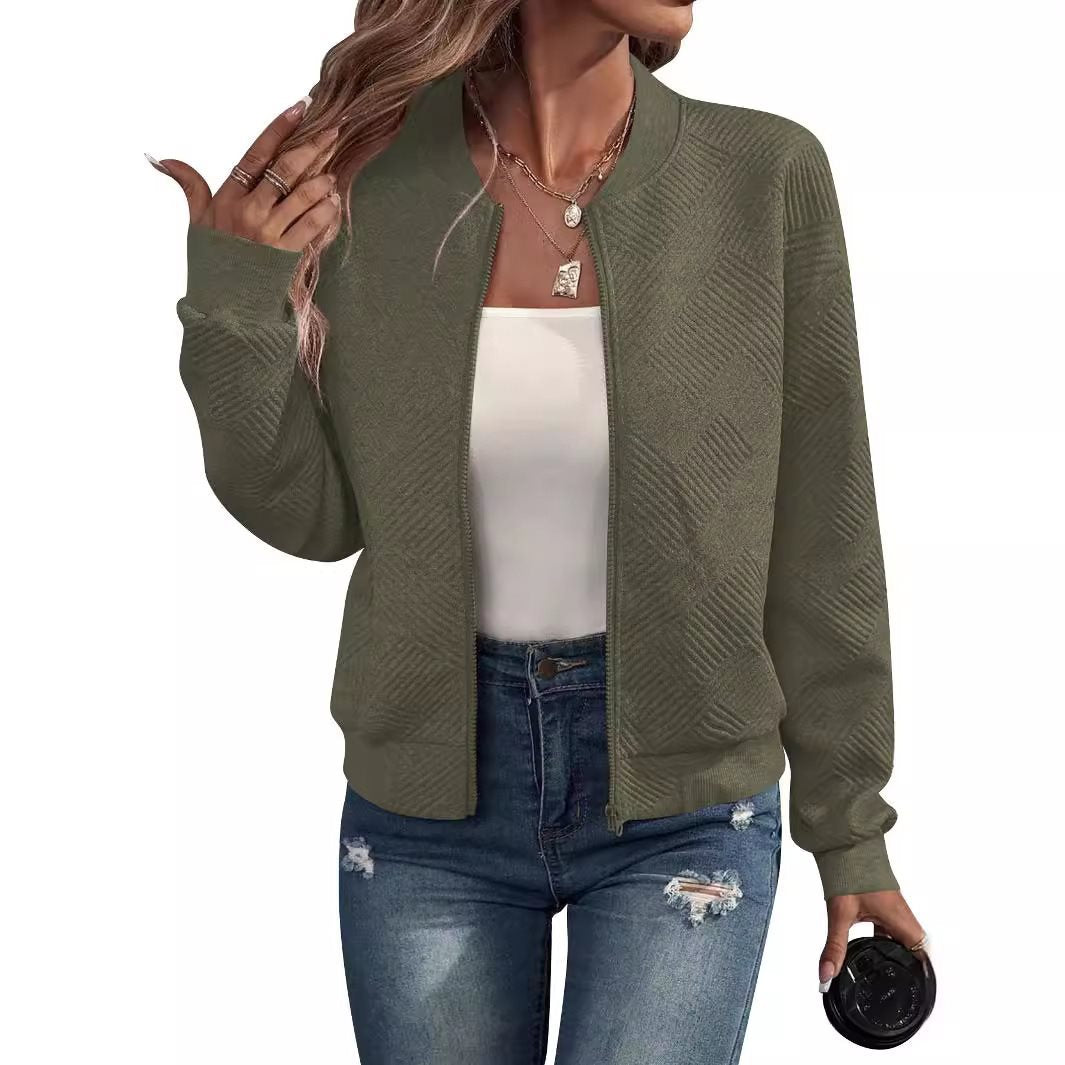 Women Structured Bomber Cardigan with Zipper and Ribbed Cuffs Chichicherry