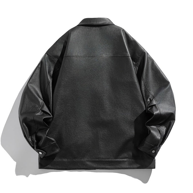 Unisex Boxy Faux Leather Blouson Jacket with Shirt Collar, Diagonal Chest Zip and Snap Hem Chichicherry