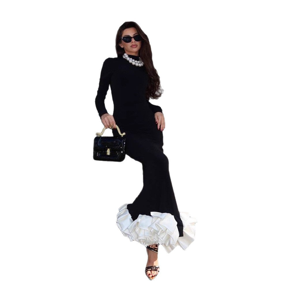 Women's Bodycon Maxi Dress with Turtleneck, Long Sleeves, and Lush Ruffled Hem Chichicherry