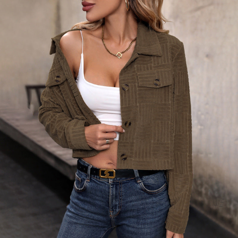 Women's short-cut cord jacket with quilted check pattern and flap pockets Chichicherry