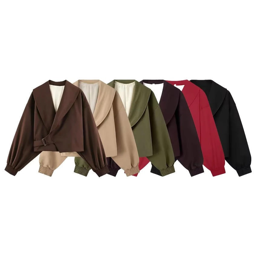 Ladies short-cut wrap blazer with balloon sleeves and waist belt Chichicherry