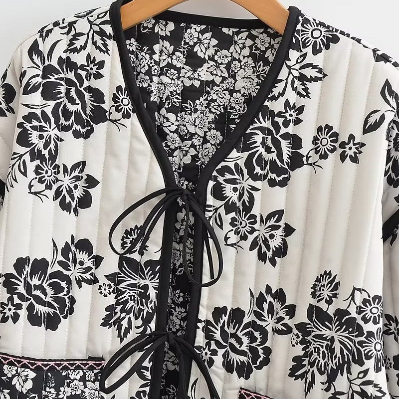 Women's Quilted Short Jacket with Floral Allover Print and Tie Ribbons Chichicherry