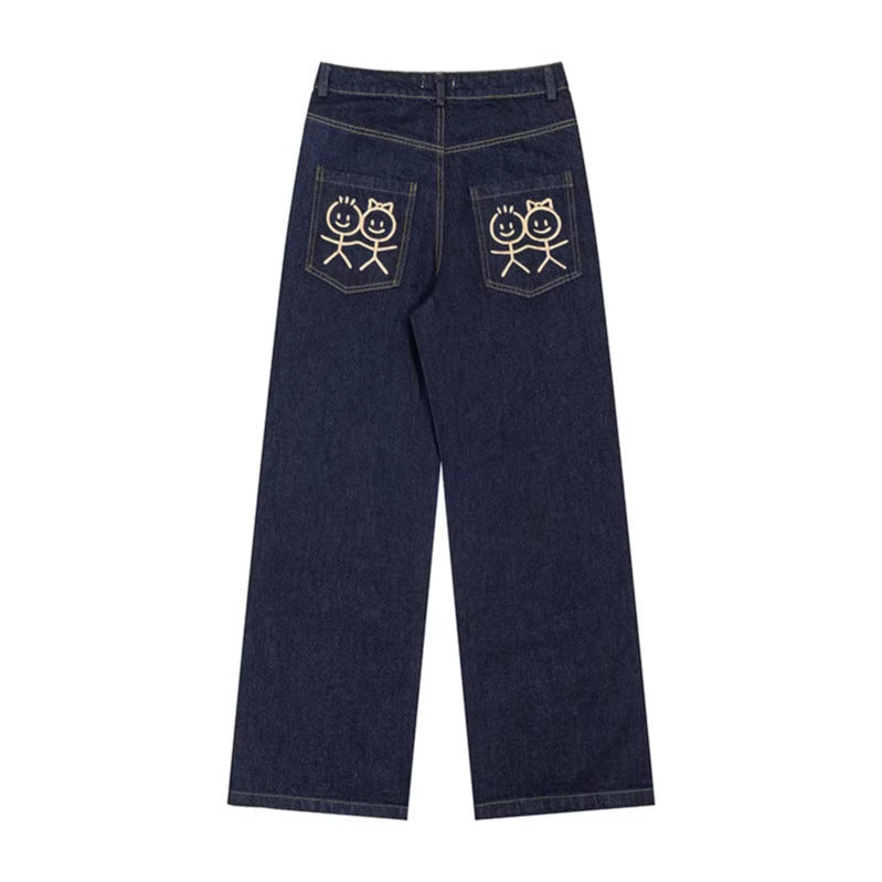 Women's wide high-waist jeans with straight, wide legs and embroidery on back pockets Chichicherry