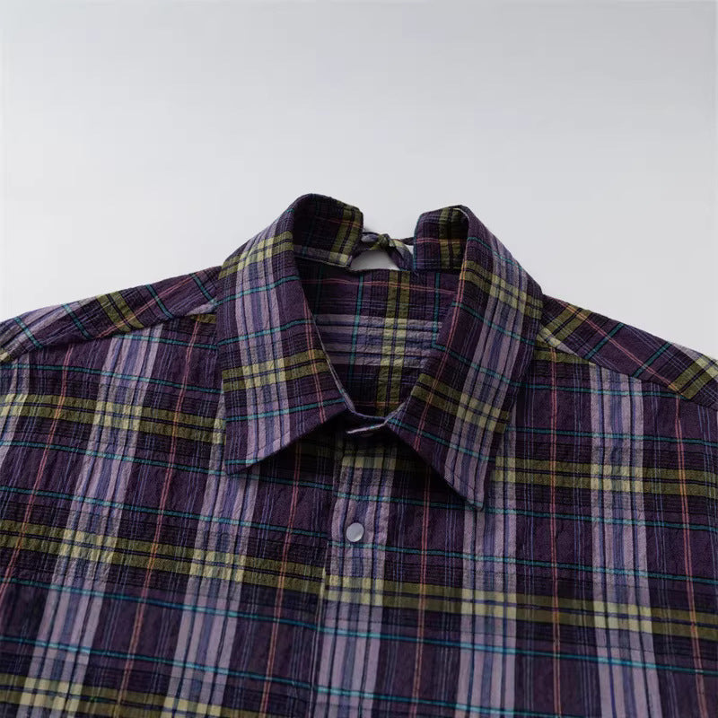 Women's Oversized Check Blouse made of lightweight cotton blend with diagonal chest pocket detail Chichicherry