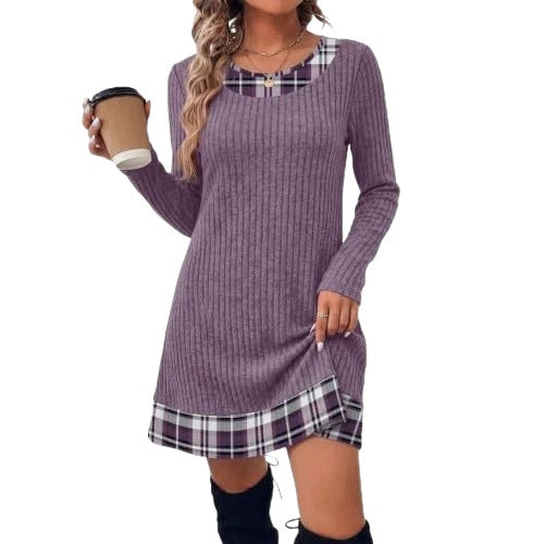 Women's Ribbed Long Shirt Dress with Checked Hem and Neckline Trim Chichicherry