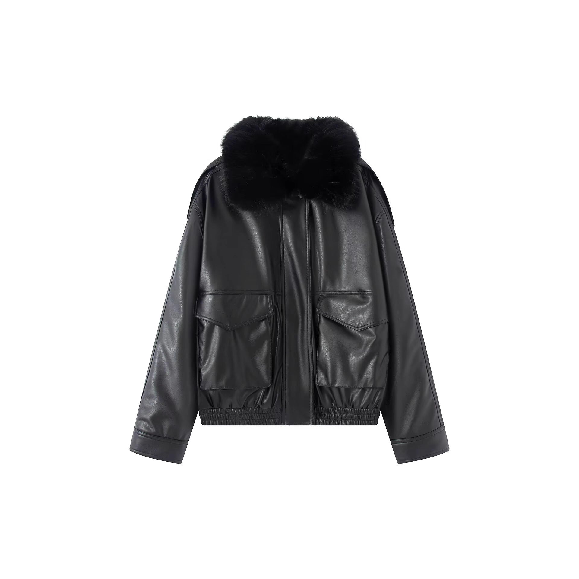 Ladies Oversized Faux Leather Bomber Jacket with Cozy Faux Fur Collar and Applied Flap Pockets Chichicherry