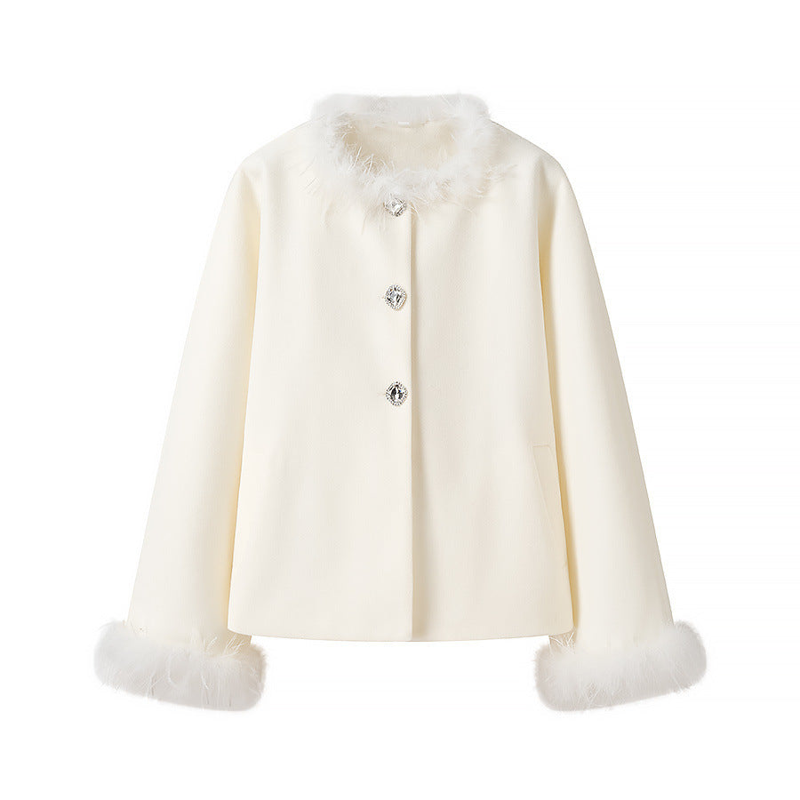Women Elegant Short Coat with Faux Feather Trim and Decorative Buttons Chichicherry