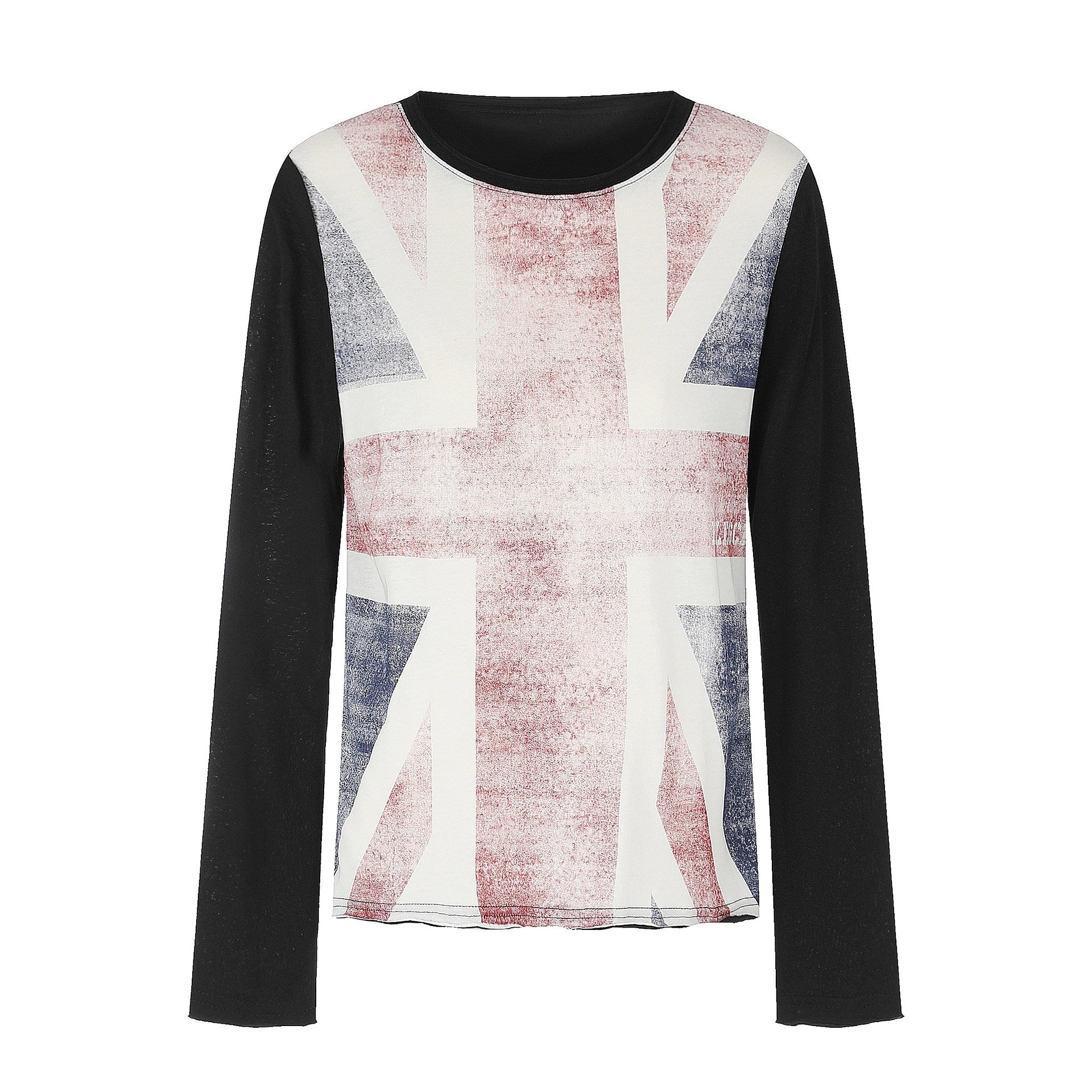 Women's Round Neck Long Sleeve made of cotton blend with vintage Union Jack print and contrast sleeves Chichicherry