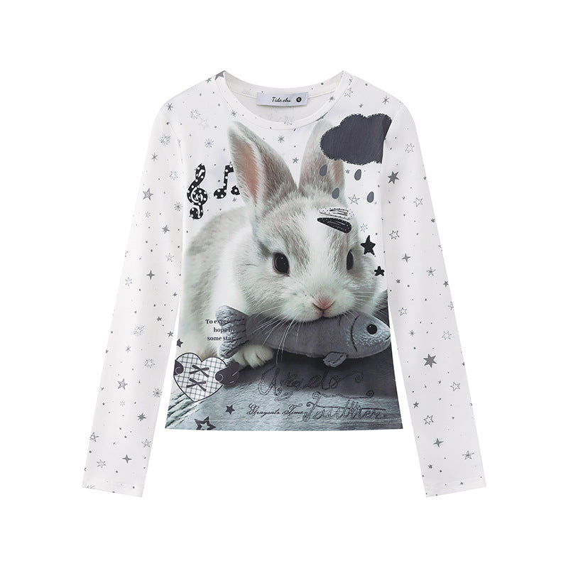 Women's long-sleeve shirt with photorealistic rabbit photo print, allover star pattern and elastic jersey fabric