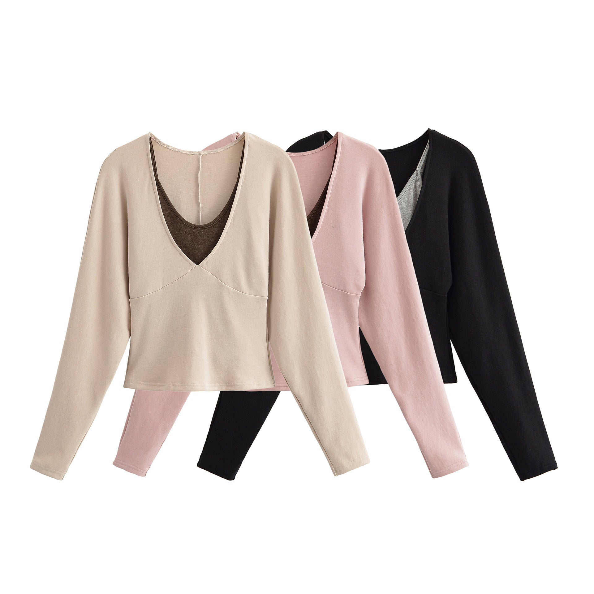 Women's Layered Look Long Sleeve Shirt with Deep V-Neck and Integrated Camisole Chichicherry