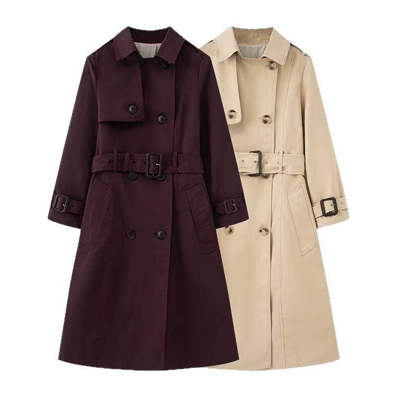 Women's Longer tailored trench coat with double-breasted button placket, waist belt, and sleeve tab Chichicherry