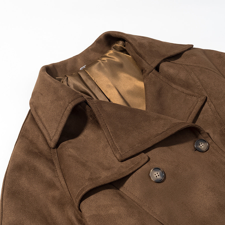 Women Short Suede Trench Coat with Double-Breasted and Waist Belt Chichicherry