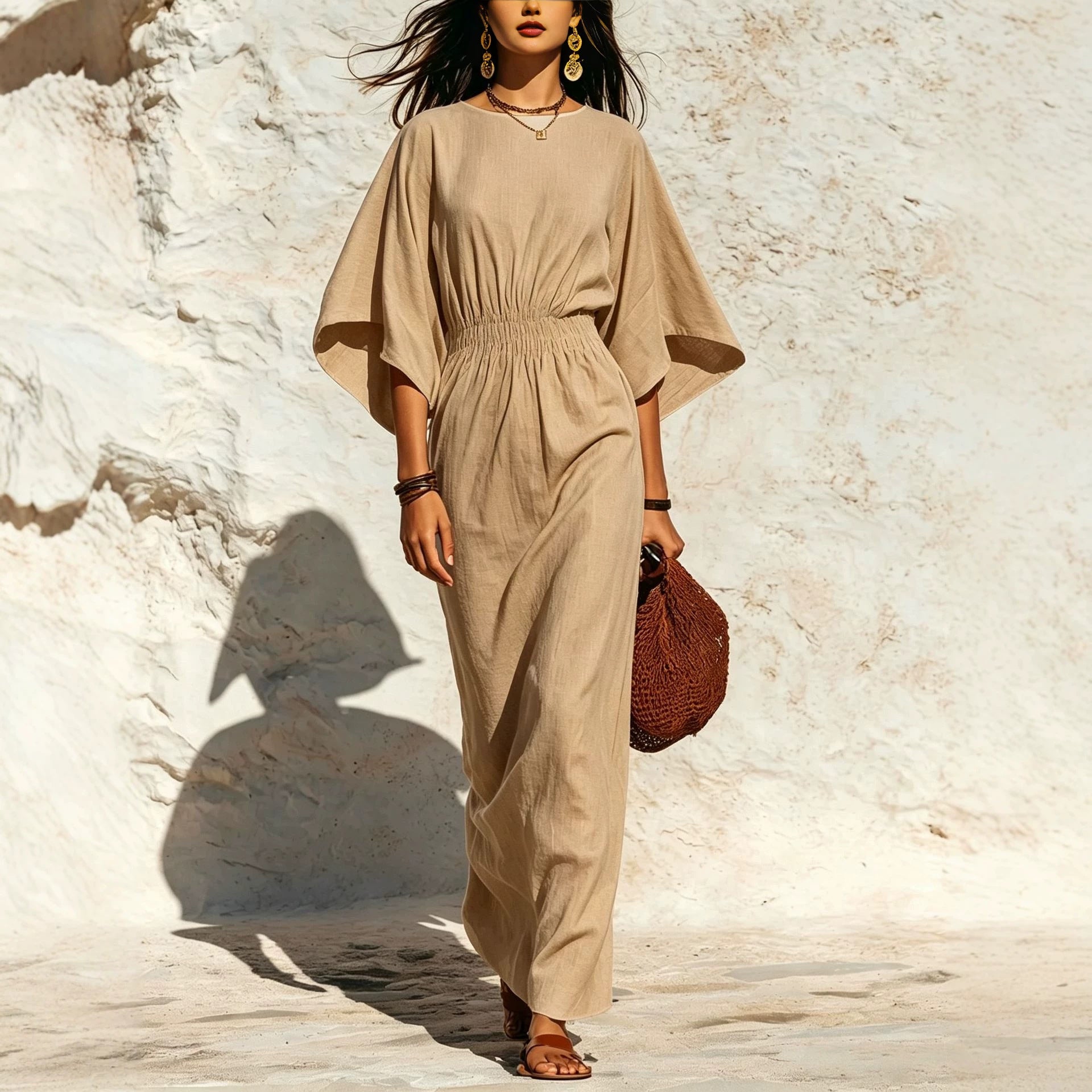 Women's maxi dress with batwing sleeves and gathered smock waist Chichicherry