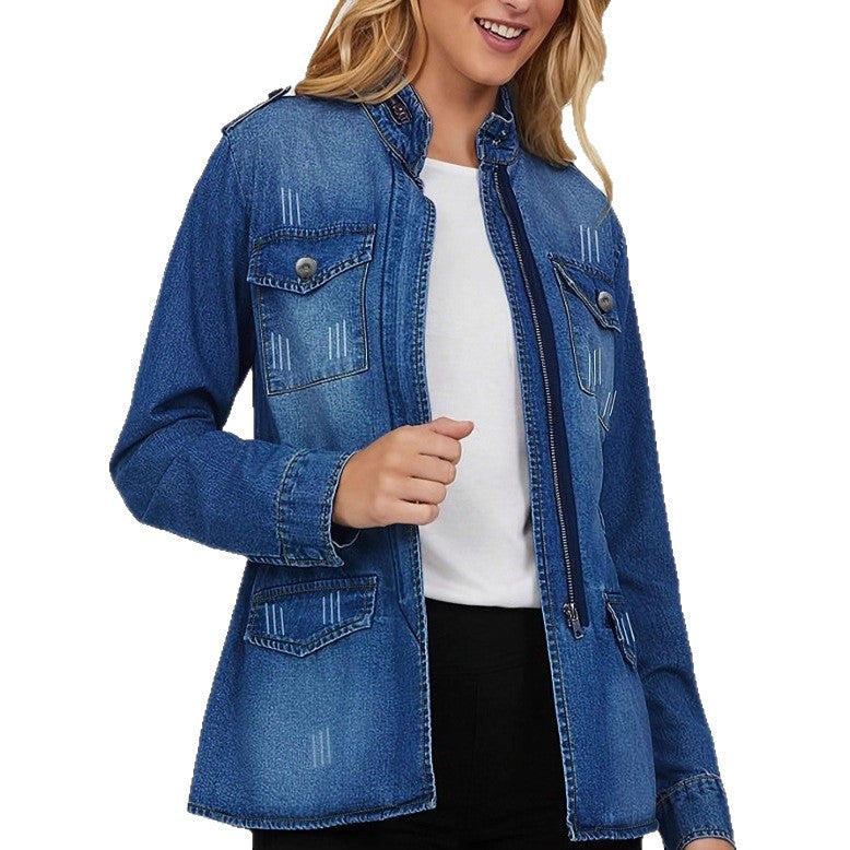 Women tailored denim jacket with stand-up collar, four flap pockets and slightly flared hem Chichicherry