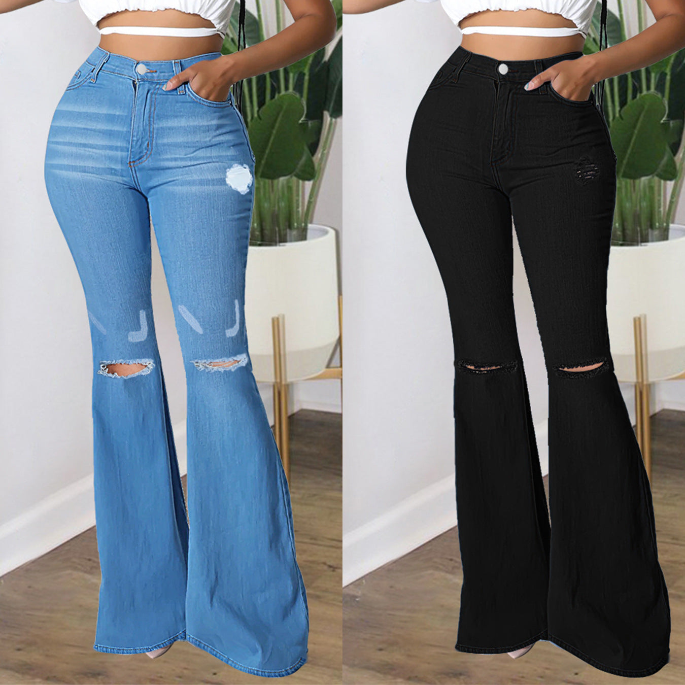 Women's high-waisted flared pants made of stretch denim with knee rips and shaping waistband Chichicherry