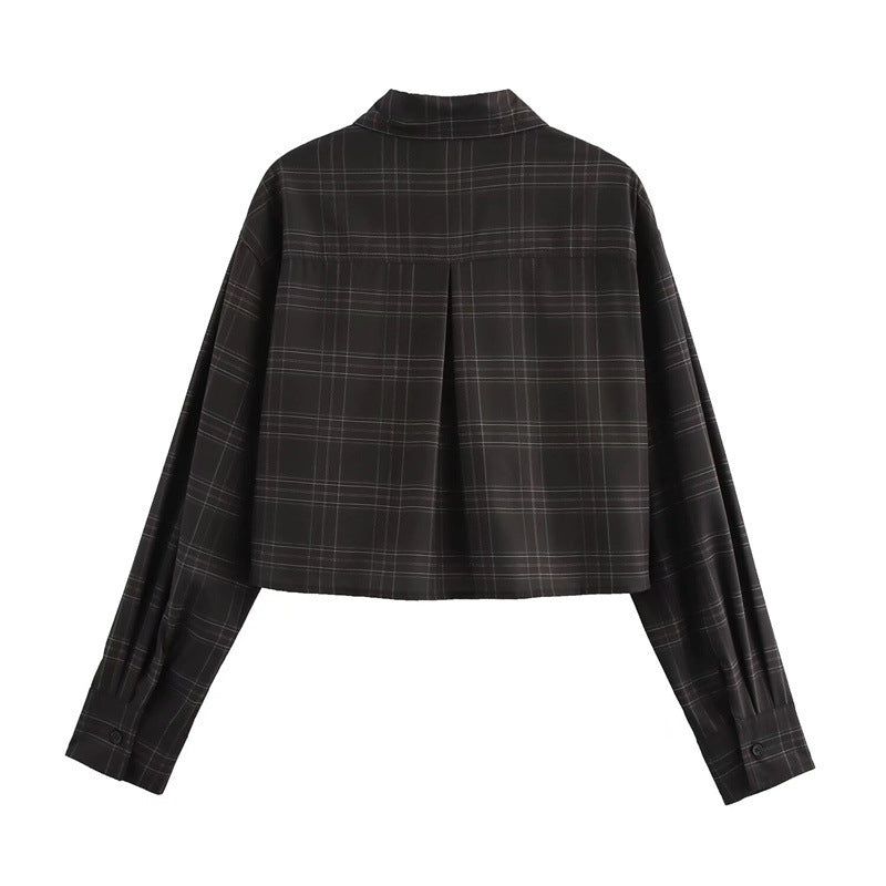 Women's Cropped Boxy Shirt Jacket in Checkered Pattern with Concealed Button Placket Chichicherry