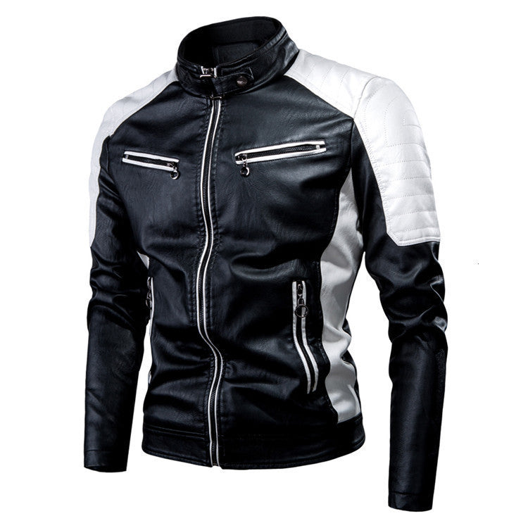 Men's biker jacket made of synthetic leather with racing panels, quilted padding, and zippered pockets Chichicherry
