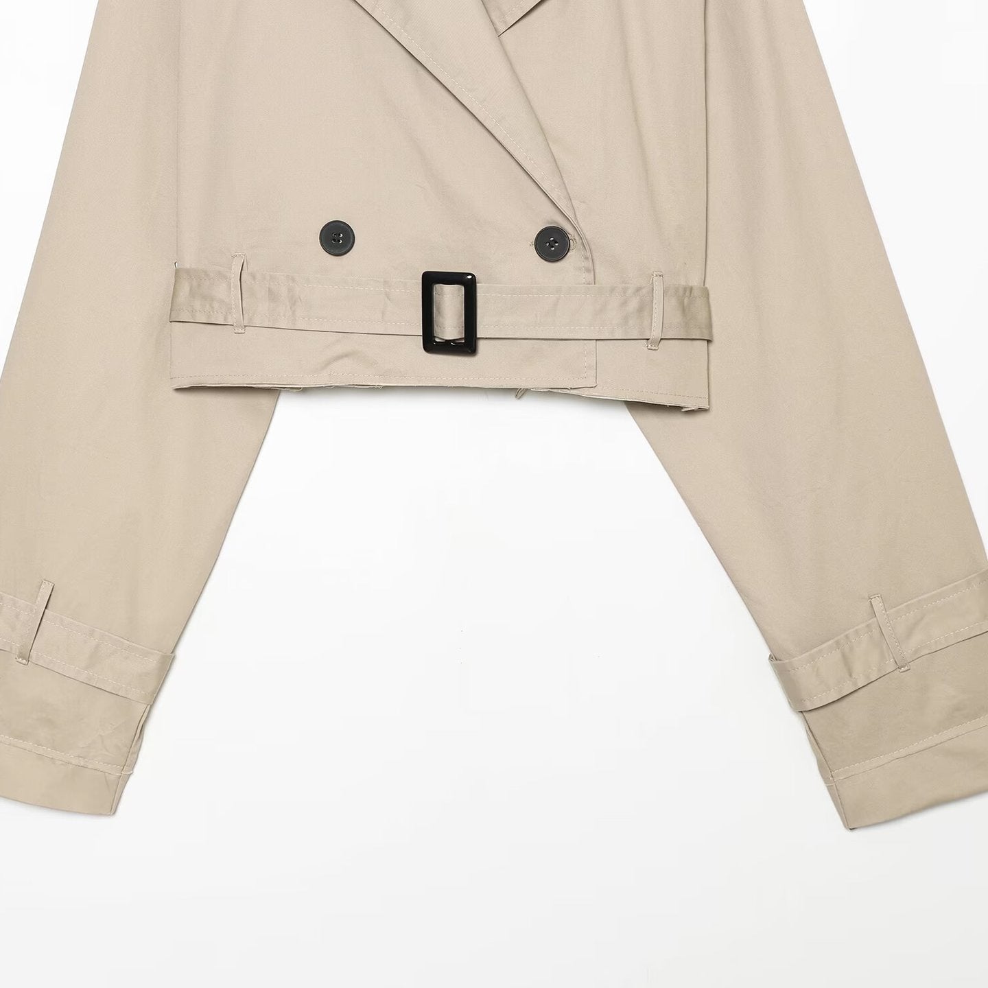 Women's short blouson trench coat with double-breasted button placket, shoulder epaulets, and waist belt Chichicherry