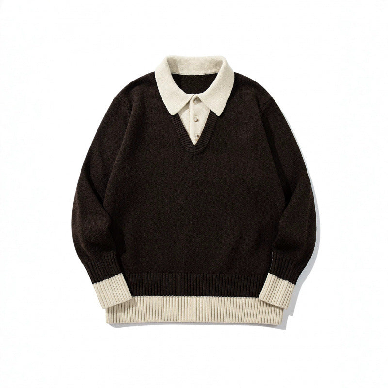 Men's Oversized Fine Knit Polo with Contrast Trim Shirt Collar and Ribbed Cuffs Chichicherry