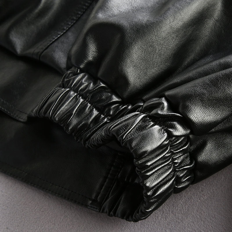 Herren Oversized Lederimitat-Utility-Jacke mit Pattentaschen und elastischem Saum Chichicherry