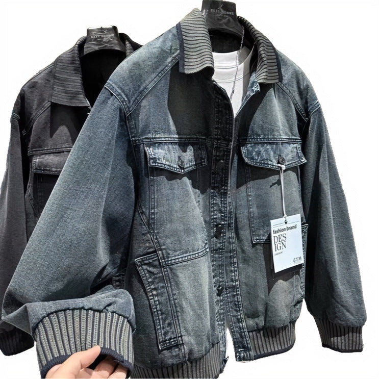 Herren Weitgeschnittene Jeansjacke mit geripptem Kontrastkragen und Vintage-Waschung Chichicherry