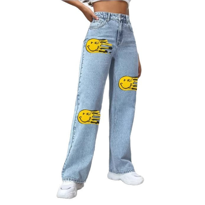 Ladies high-waisted wide denim jeans with striking print spot accents Chichicherry