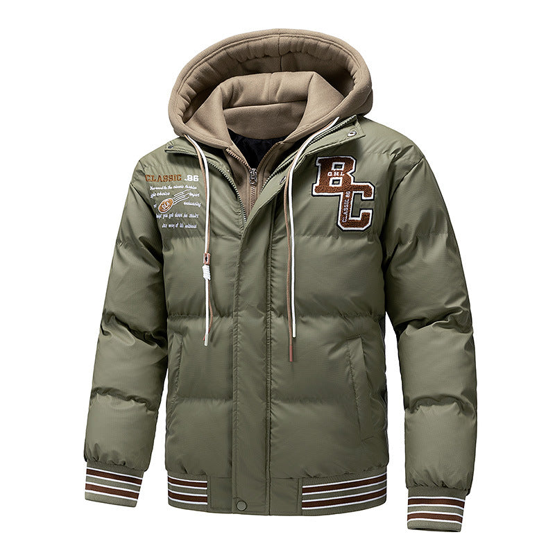 Men's Padded Quilted Jacket with Hoodie Insert and College Patches Chichicherry