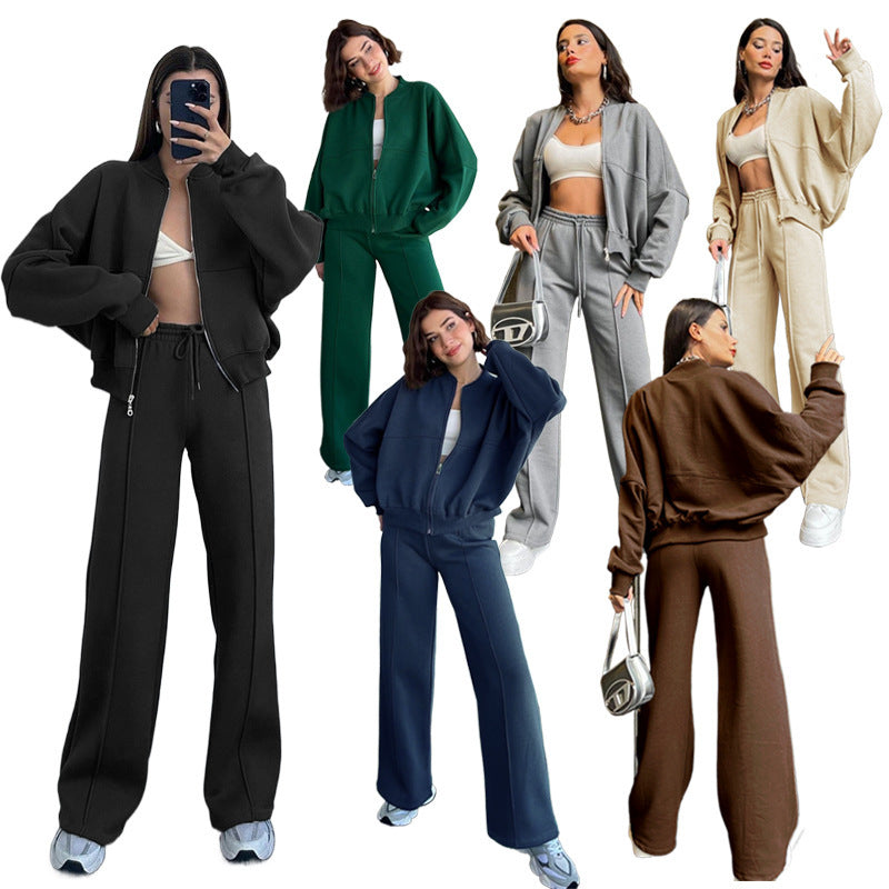 Damen Oversized Zip-Hoodie-Set mit Cropped Top und weiter Naht-Sweathose Chichicherry