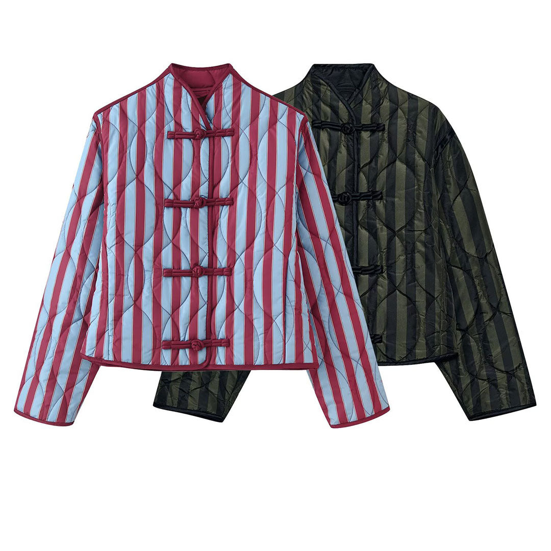 Women Padded Jacket with Stand-up Collar, Striped Quilting and Knot Closures Chichicherry