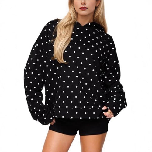 Women Polka Dot Oversized Hoodie with Kangaroo Pocket Chichicherry