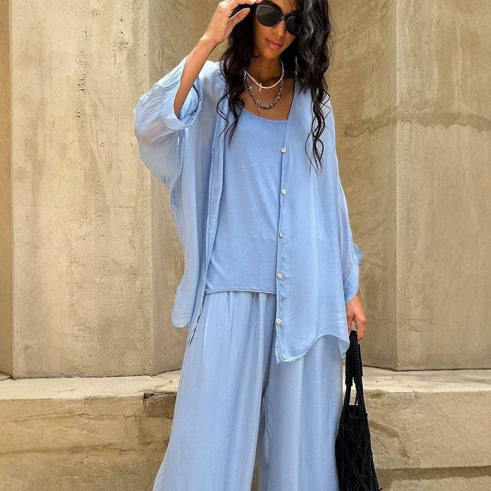 Women's Three-Piece Loungewear Set made of light viscose with oversized blouse, top and wide palazzo pants Chichicherry
