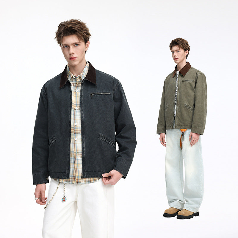Men's casual jacket made of washed cotton canvas with cord collar and zip pocket Chichicherry