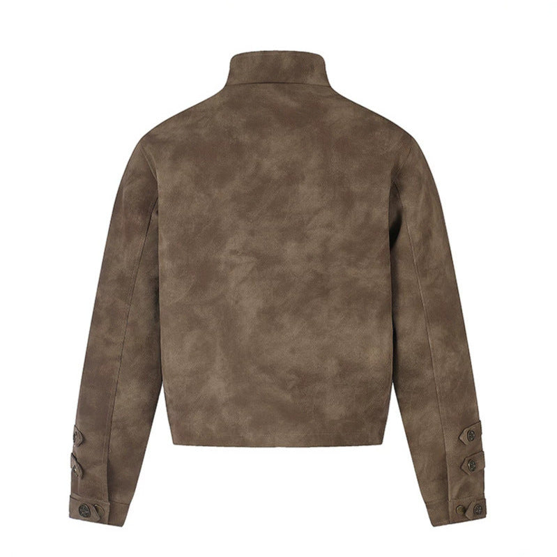 Men's short-cut suede-look jacket with stand-up collar, belt buckle, and decorative buttons Chichicherry