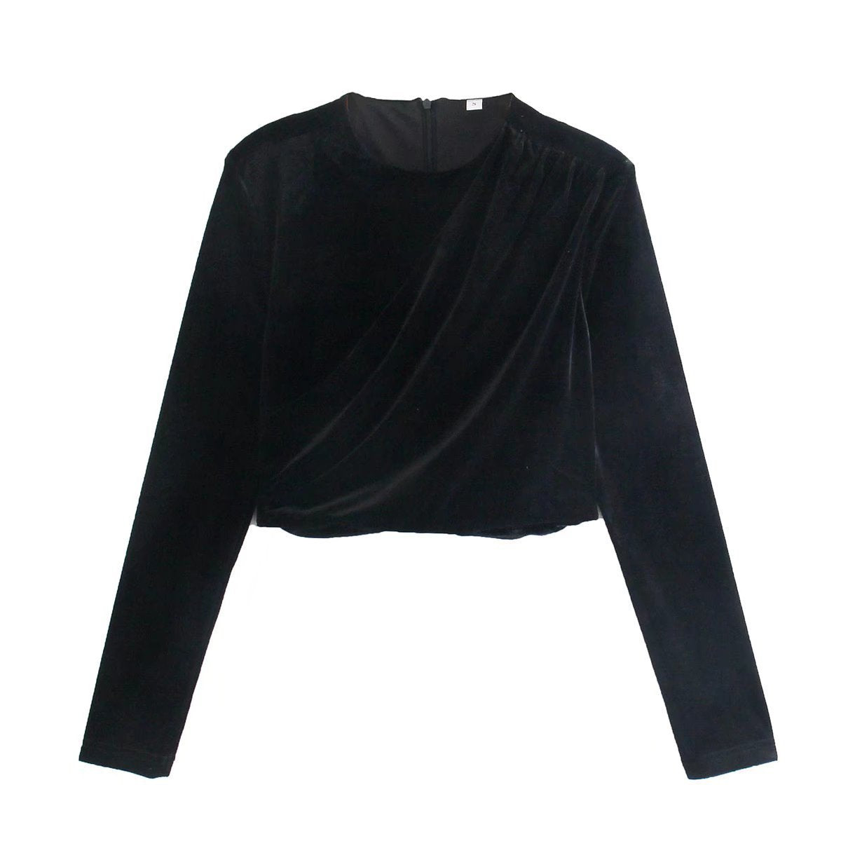 Women Velvet Cropped Blouse with Draping and Round Neck Chichicherry