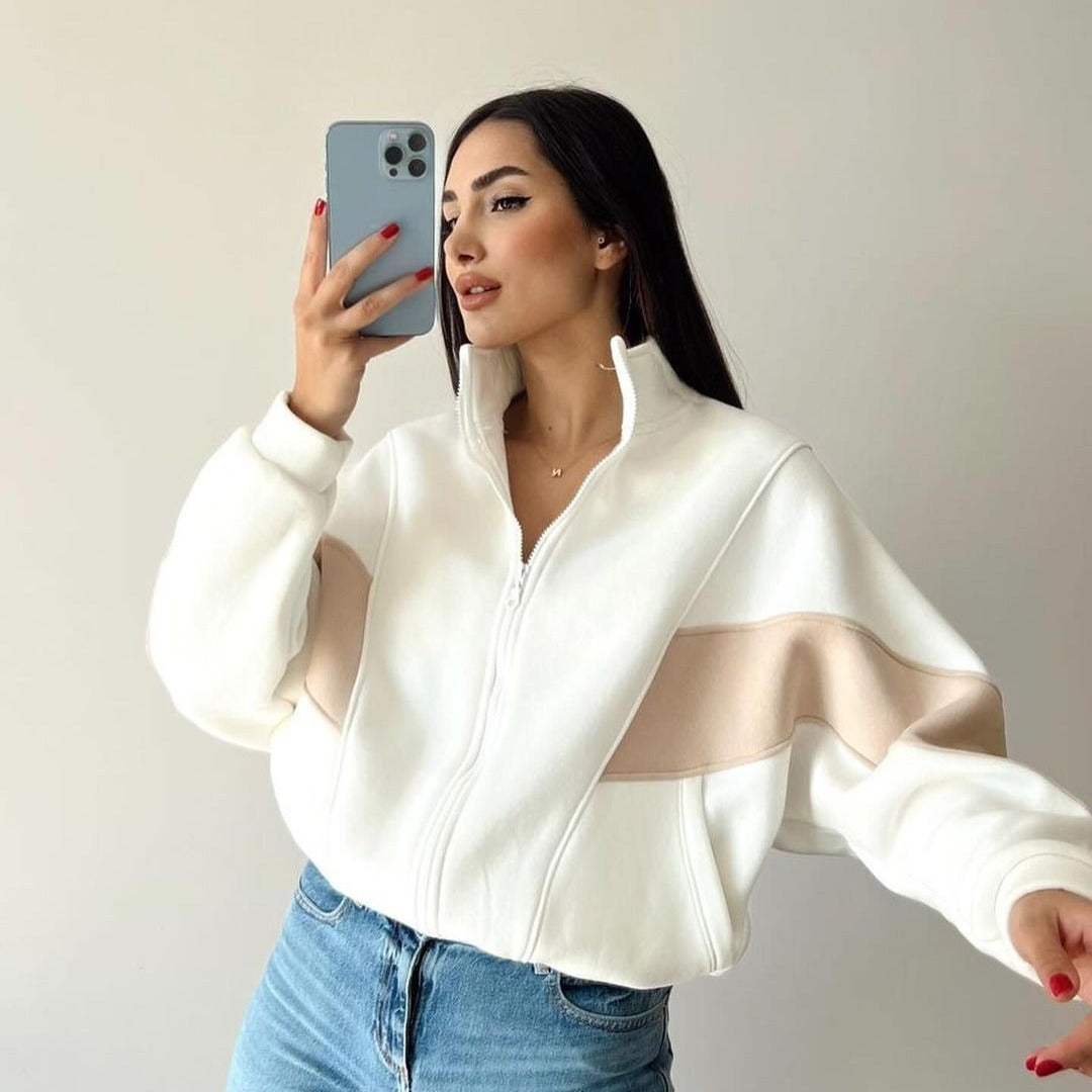 Damen Kurz geschnittener Stehkragen-Reißverschluss-Hoodie im Colorblock-Sportstyle Chichicherry