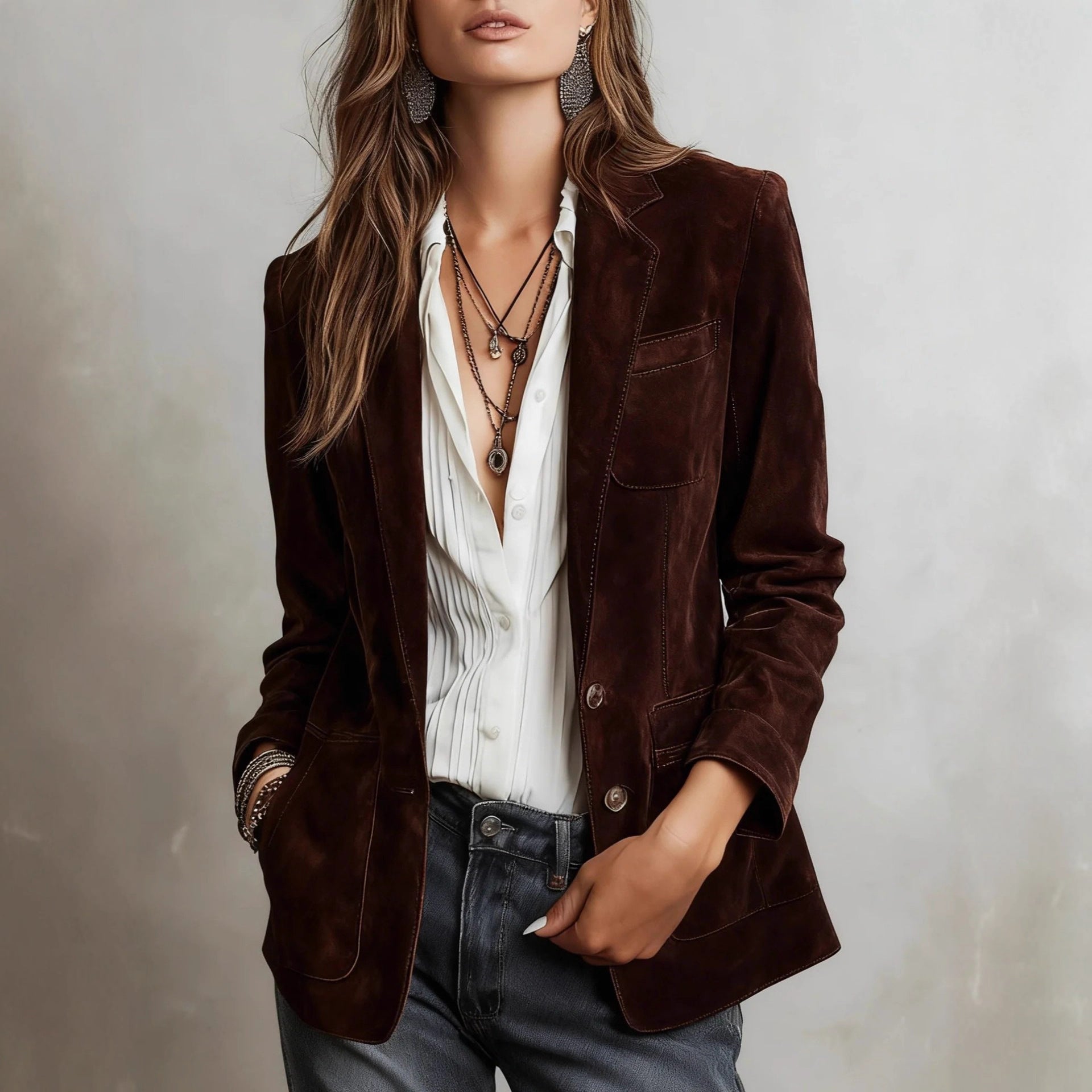 Women's suede blazer in tailored style with patch pockets Chichicherry