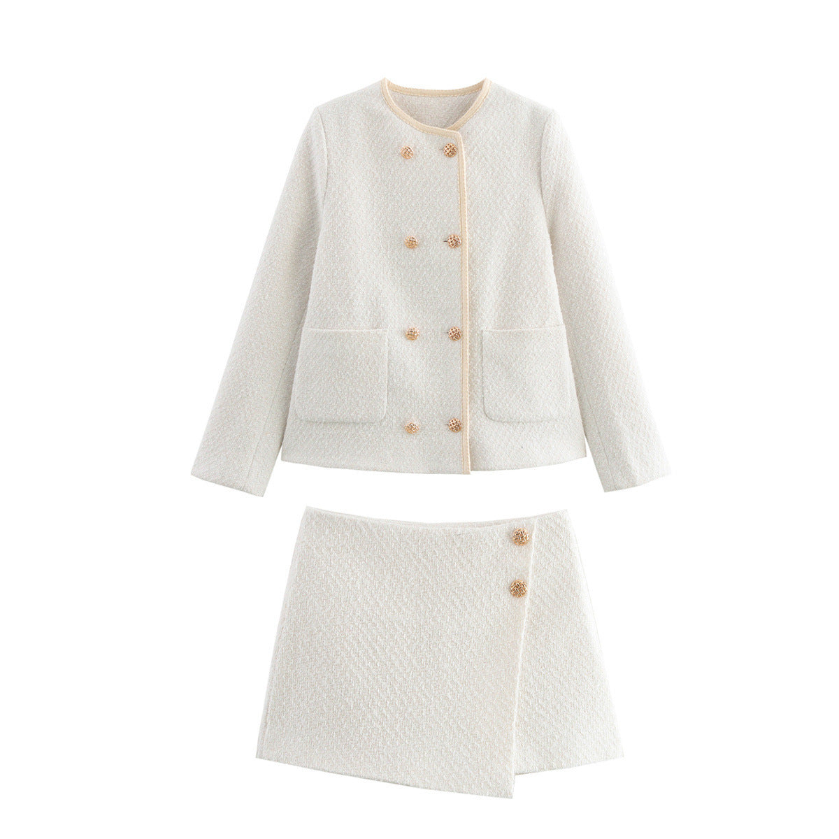 Women's Boucle-Tweed-Short Jacket with Gold Buttons, Round Neck and Patch Pockets Chichicherry