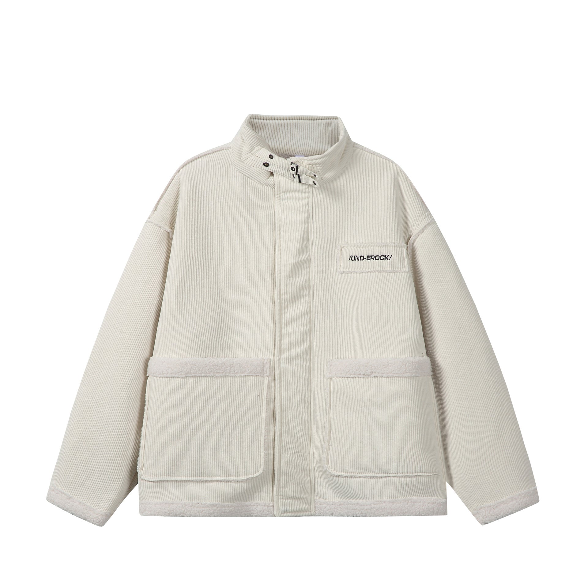 Unisex Short-cut Cord Jacket with Teddy Trim and Funnel Neck Chichicherry