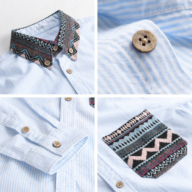 Men's Striped Cotton Shirt with Jacquard Collar and Pocket Trim Chichicherry
