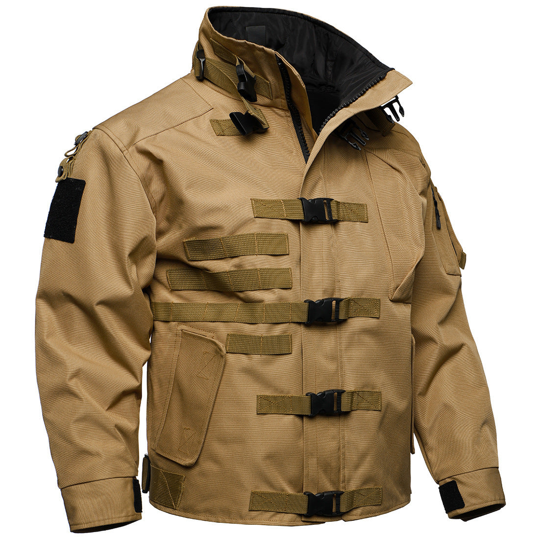 Men's Tactical Field Jacket with Modular Snap Closures and Stowable Hood Chichicherry