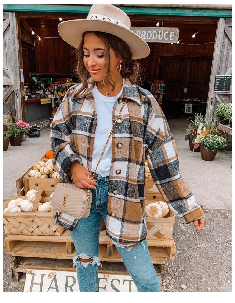 Damen Oversized Kariertes Flanell‑Shacket mit Brusttaschen und Holzknöpfen Chichicherry