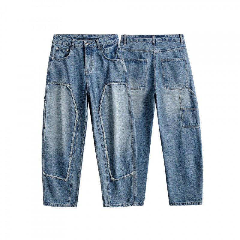 Men's Wide Patchwork Denim Jeans in Baggy Cut with Inserted Knee Panels Chichicherry