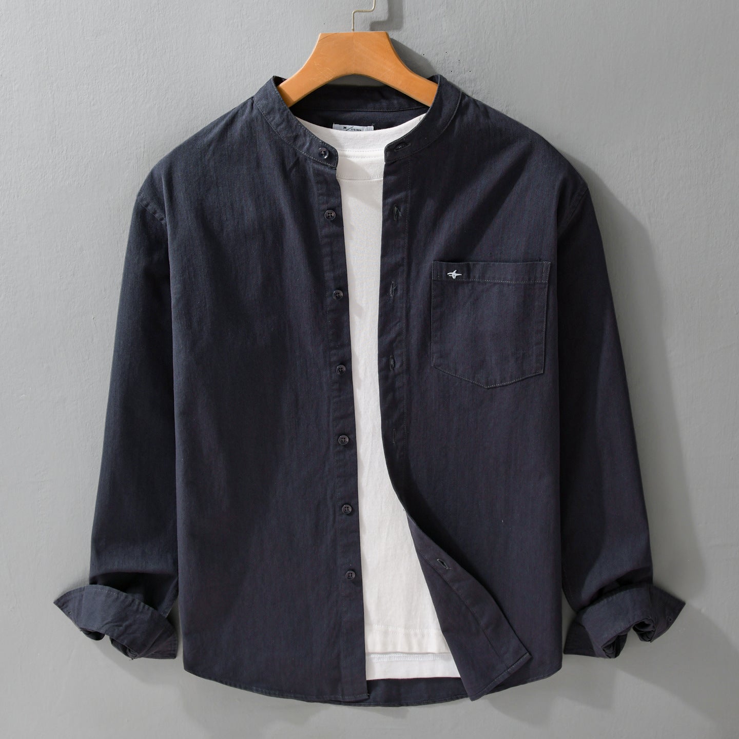 Men's Lightweight Cotton Shirt with Stand Collar, Chest Pocket and Relaxed Fit Chichicherry
