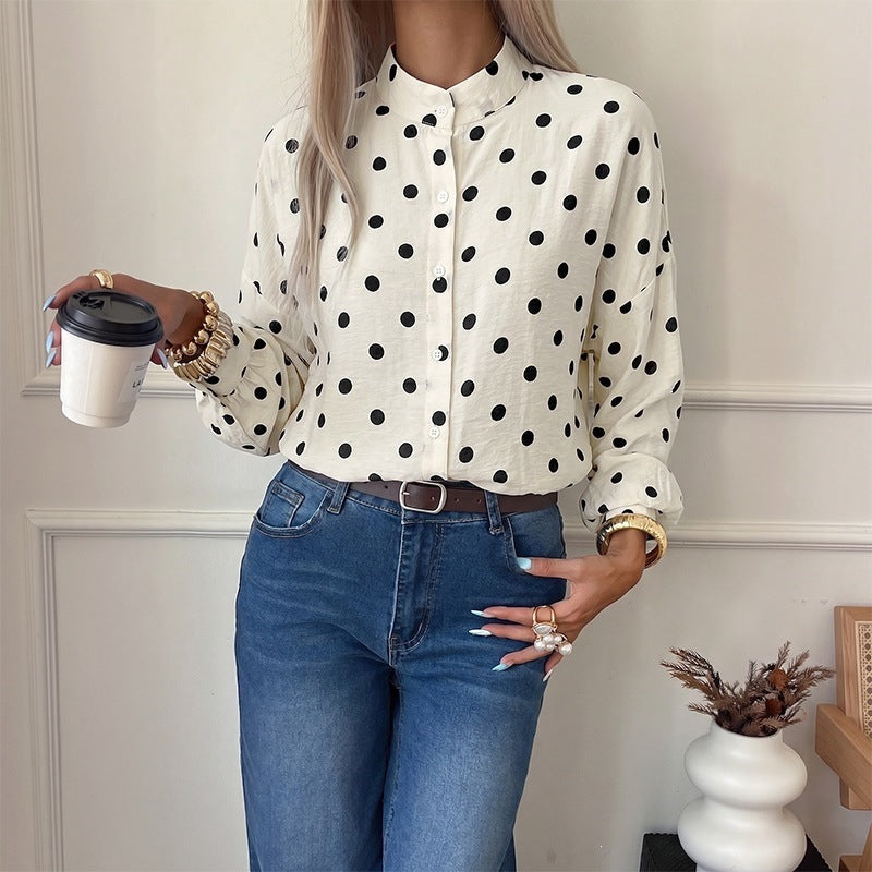 Ladies polka dot viscose blouse with stand-up collar and mother-of-pearl buttons Chichicherry